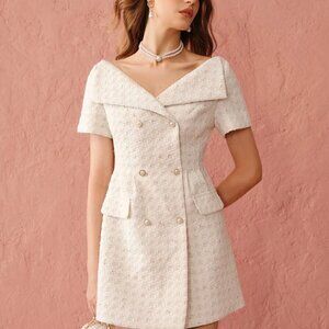 White Elegant Women's Autumn Romantic Apricot Exquisite Pearl Buttons Dress